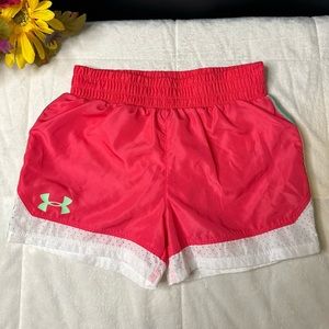 NWOT Under Armour Girls Pink Logo Running/Jogging Athletic Shorts Size 5